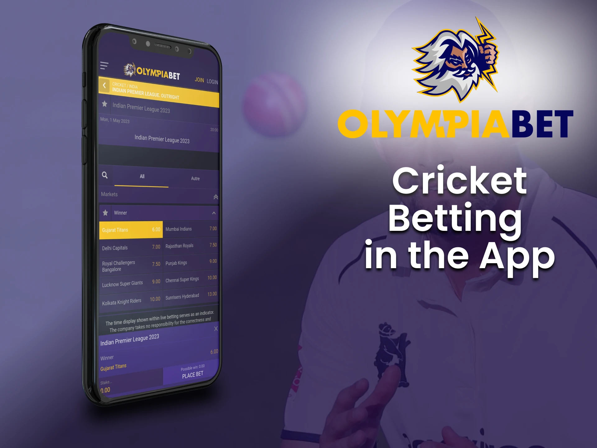 Bet on cricket together through the Olimpiabet app.