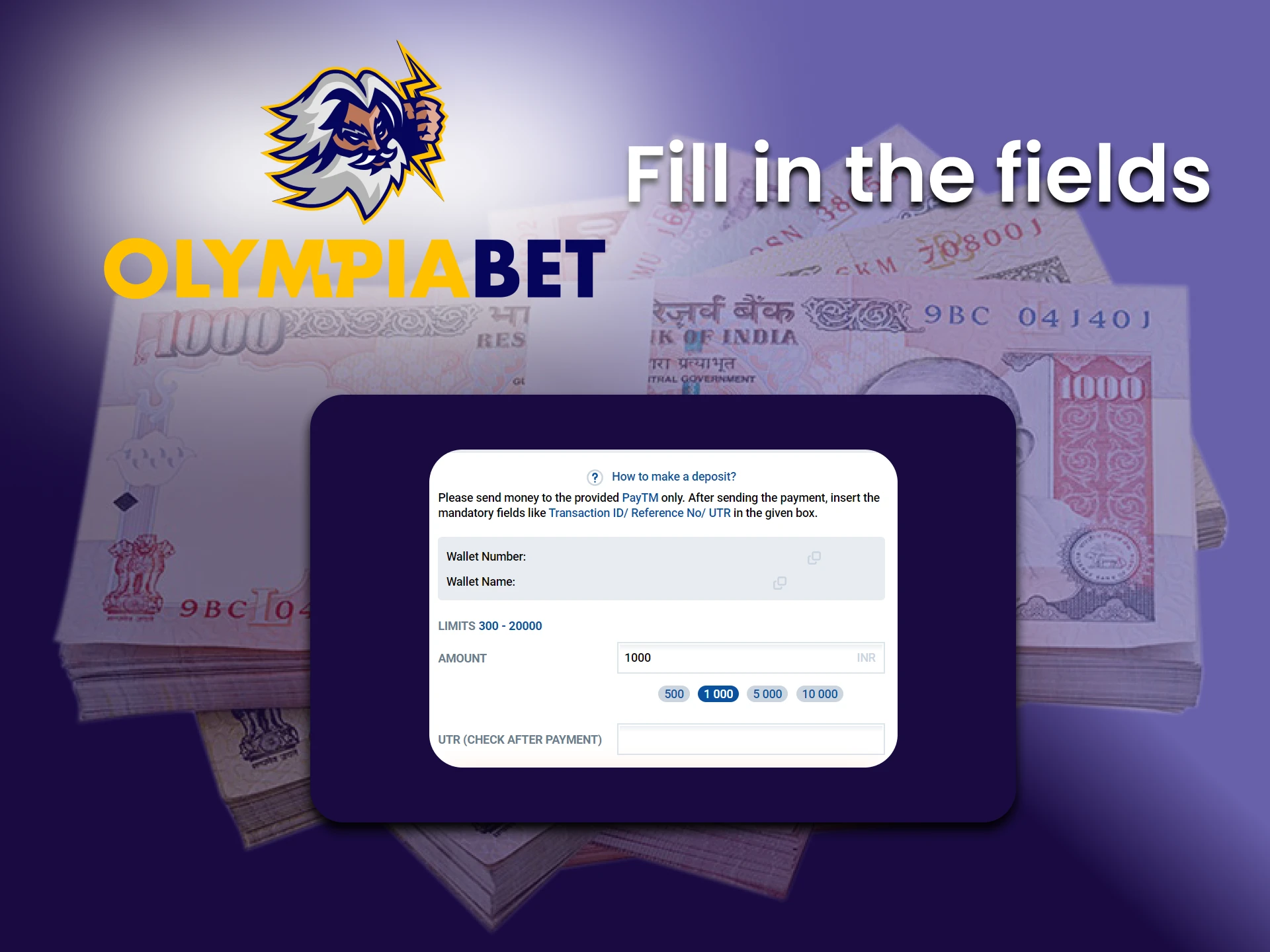 Fill in the required data to replenish your account from Olimpiabet.