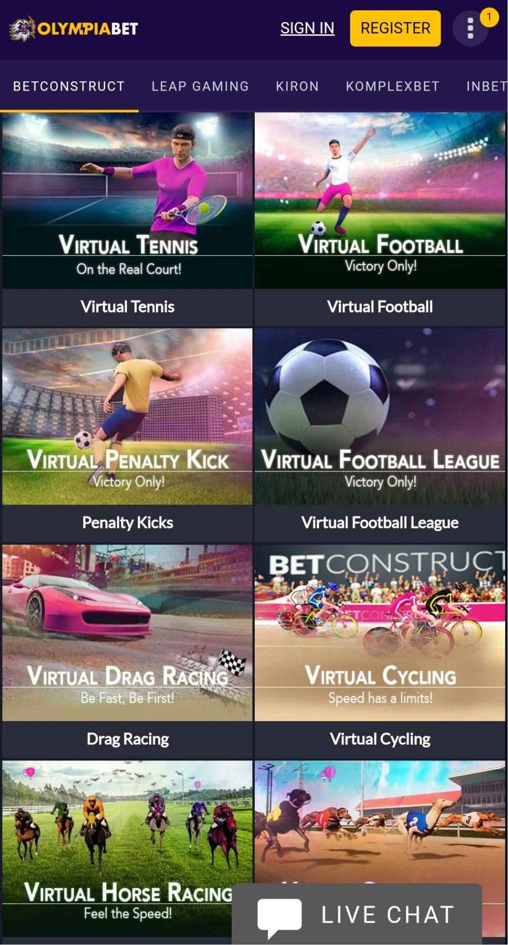 Visit the section on virtual bets from Olimpiabet.