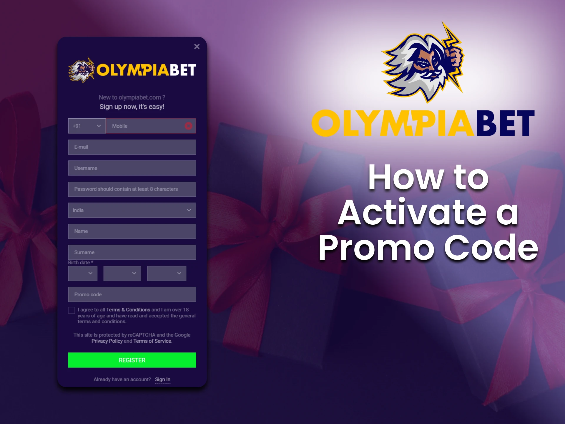 It is very easy to get a bonus using the promo code from Olimpiabet.